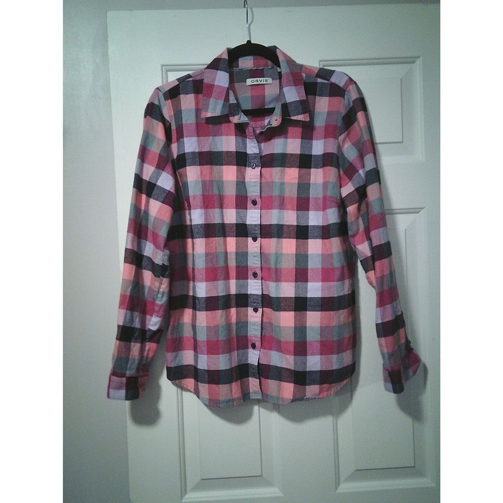 Orvis Pink Plaid Button Down Flannel Shirt‎ Long Sleeve Cotton Top